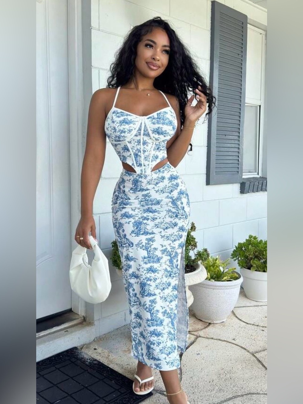 Y2K White & Blue Toile Cutout Midi Skirt Set | Size Medium